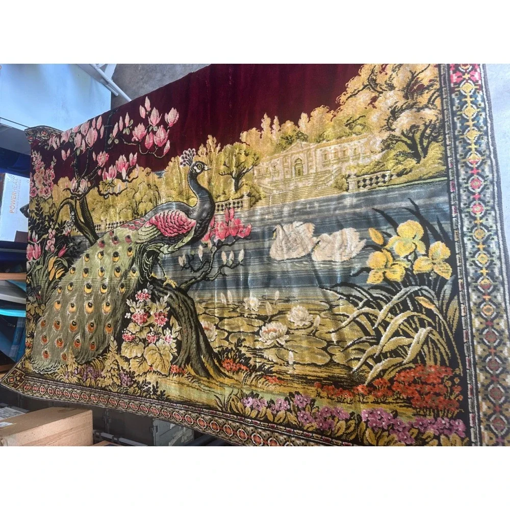 Vintage Velvet Tapestry Peacock Lake Swans Wall Hanging Made in Italy 48x72